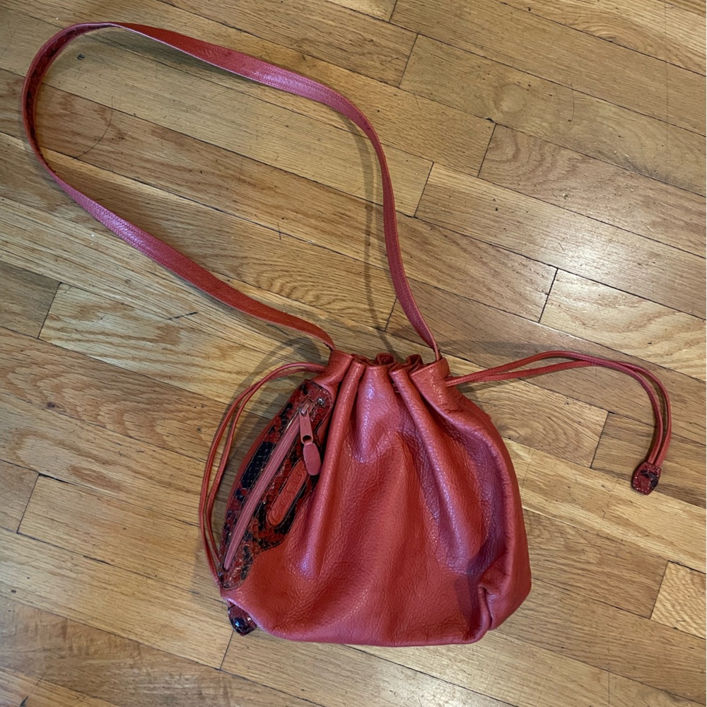 Carlos Falchi Red Leather & Snakeskin Drawstring Crossbody Bag EUC